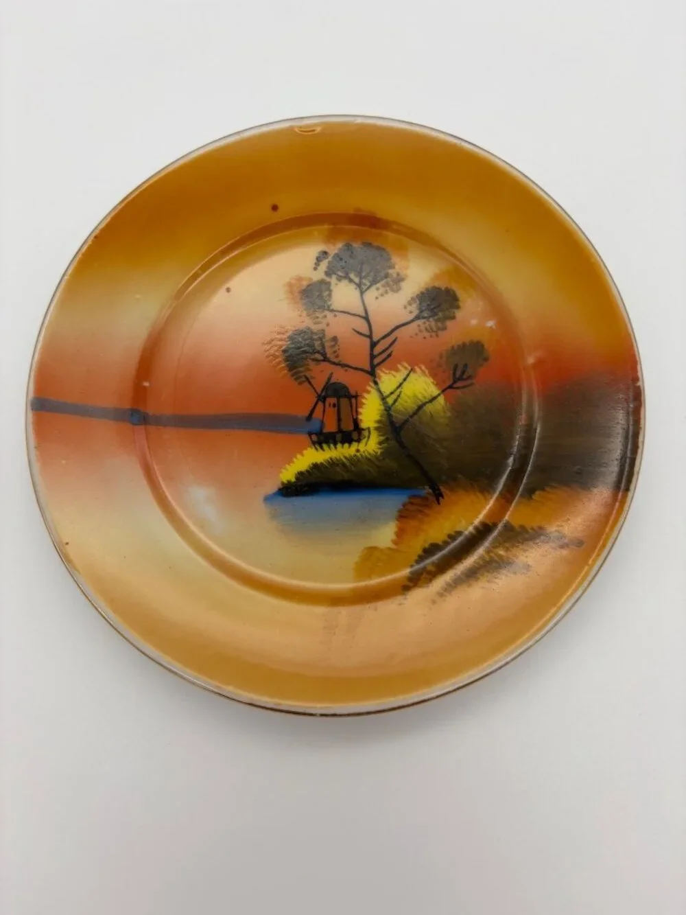 Vintage Japanese Lusterware Plates Set 2 5in Hand Painted Windmill Landscape Art